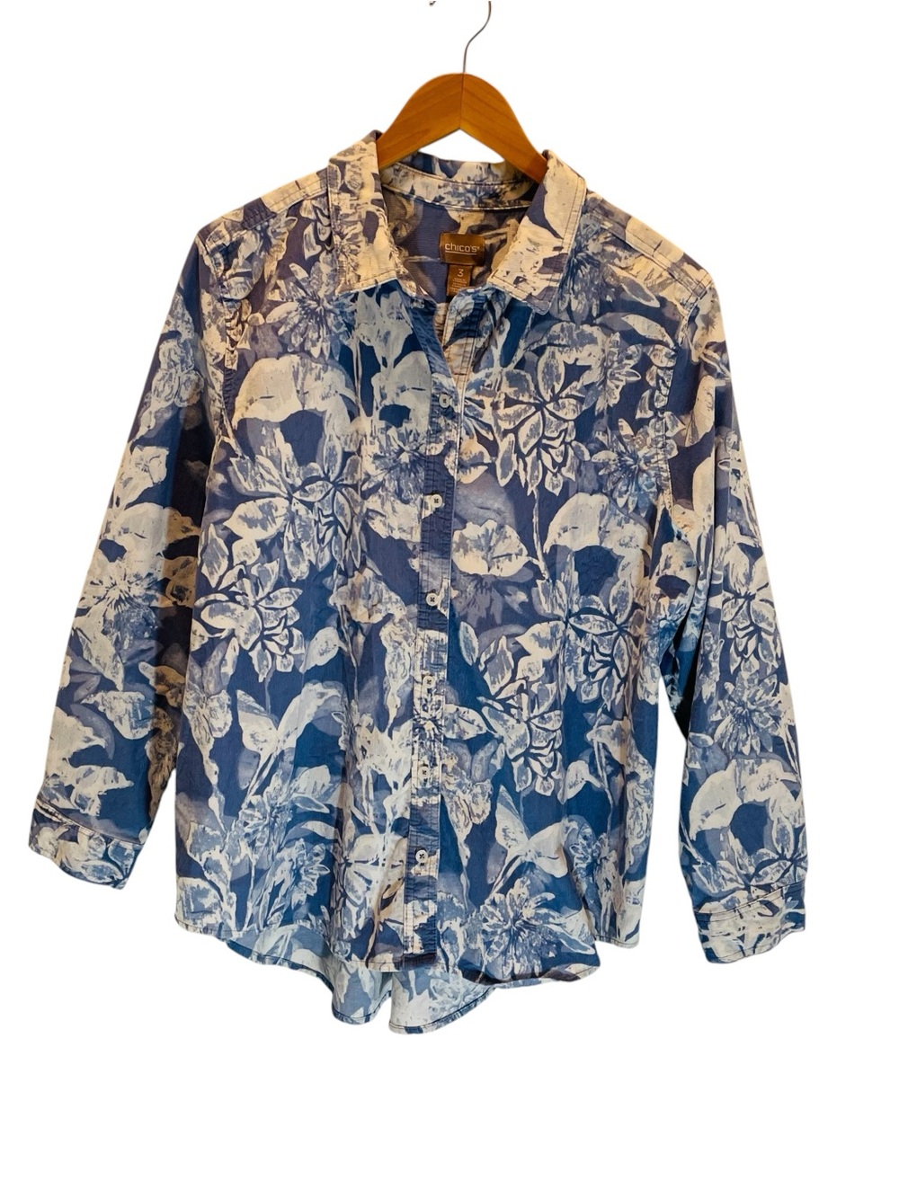 Chico's Micro Corduroy Soft Pastel Blue Floral Button-Up Shirt Shacket LS Sz XL